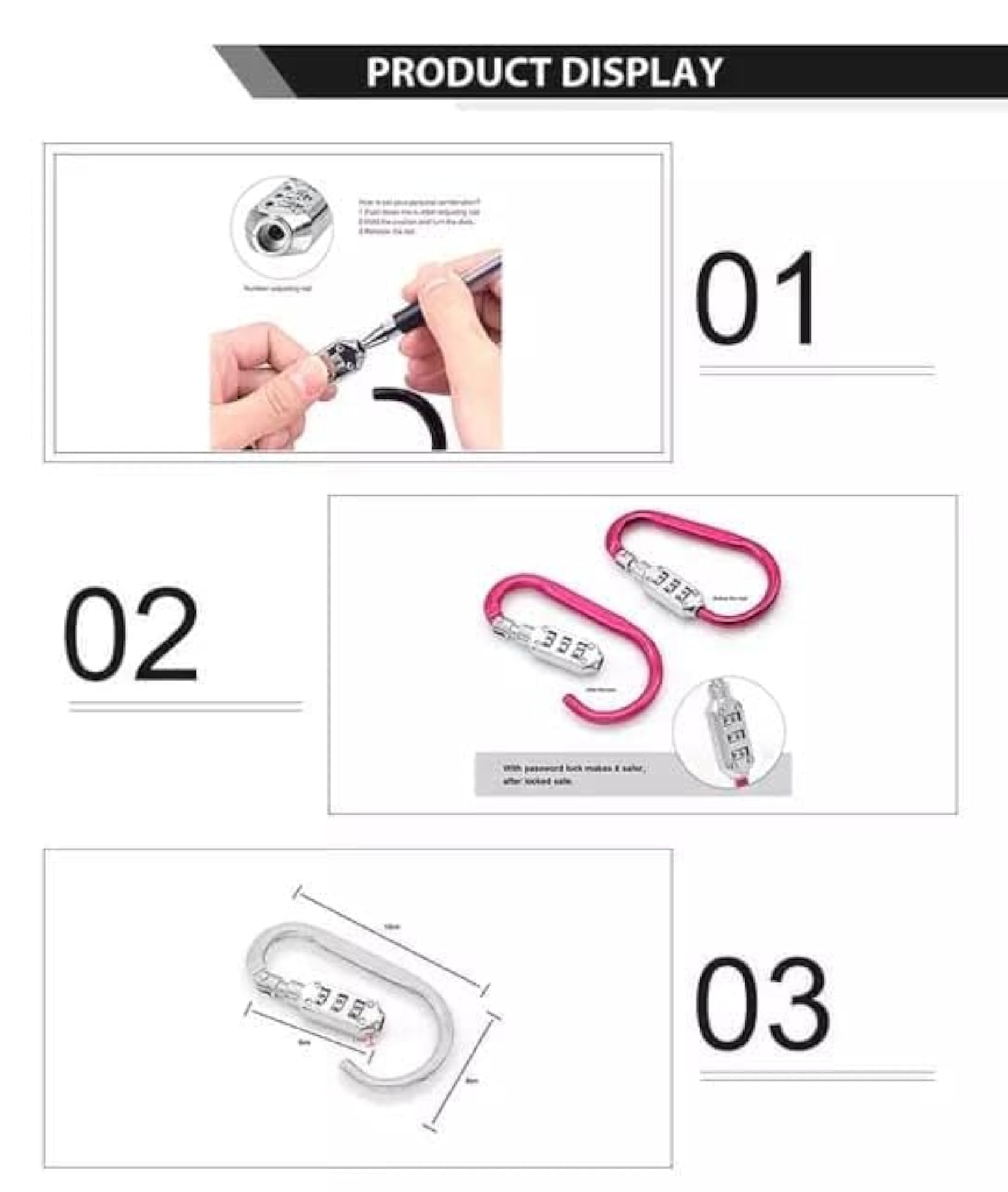 Carabiner Hook Lock with 3 Digits Combination